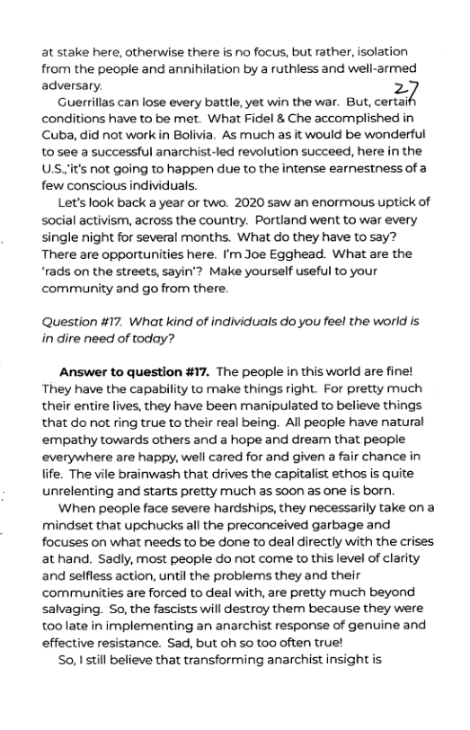 at stake here, otherwise there is no focus, but rather, isolation from the people and annihilation by a ruthless and well-armed adversary. 2 Guerrillas can lose every battle, yet win the war. But, certai conditions have to be met. What Fidel & Che accomplished in Cuba, did not work in Bolivia. As much as it would be wonderful to see a successful anarchist-led revolution succeed, here in the US.it’s not going to happen due to the intense earnestness of a few conscious individuals. Let’s look back a year or two. 2020 saw an enormous uptick of social activism, across the country. Portland went to war every single night for several months. What do they have to say? There are opportunities here. I’m Joe Egghead. What are the. ‘rads on the streets, sayin’? Make yourself useful to your community and go from there. Question #17. What kind of individuals do you feel the world is in dire need of today? Answer to question #17. The people in this world are fine! They have the capability to make things right. For pretty much their entire fives, they have been manipulated to believe things that do not ring true to their real being. All people have natural empathy towards others and a hope and dream that people everywhere are happy, well cared for and given a fair chance in life. The vile brainwash that drives the capitalist ethos is quite unrelenting and starts pretty much as soon as one is born. When people face severe hardships, they necessarily take on a mindset that upchucks all the preconceived garbage and focuses on what needs to be done to deal directly with the crises at hand. Sadly, most people do not come to this level of clarity and selfless action, until the problems they and their communities are forced to deal with, are pretty much beyond salvaging. So, the fascists will destroy them because they were too late in implementing an anarchist response of genuine and effective resistance. Sad, but oh 0 too often true! So, 1 still believe that transforming anarchist insight is